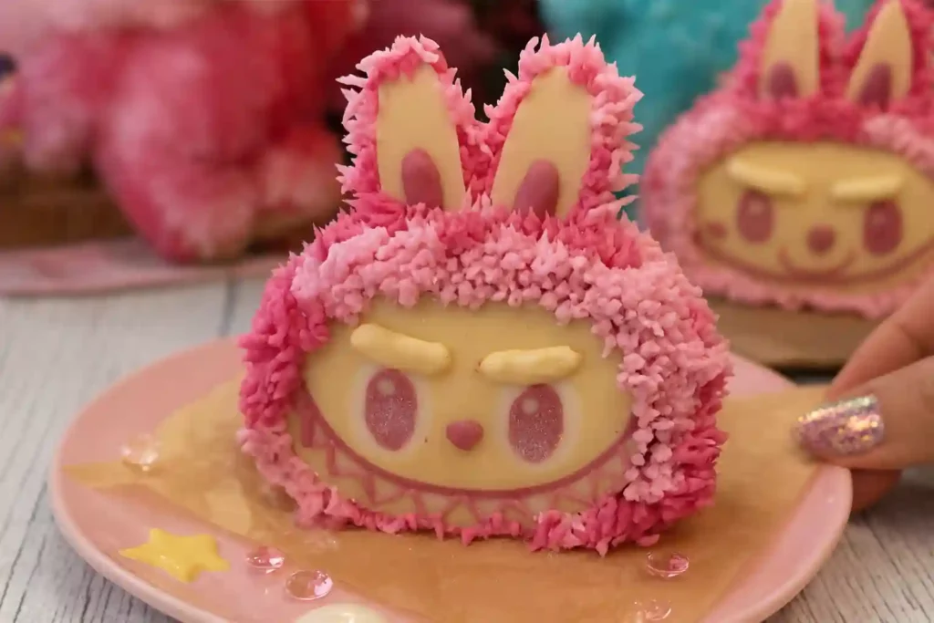 Close-up of a Labubu Cake with pink frosting and white chocolate face details