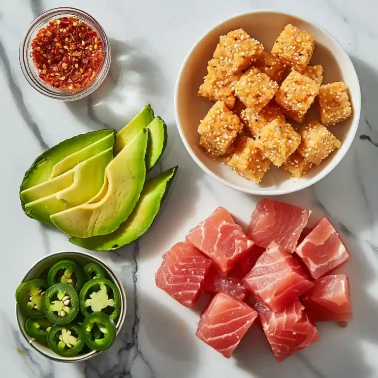 Close-up of key ingredients for Spicy Tuna Crispy Rice: fresh tuna, ripe avocado, cooked rice squares, jalapeño slices, and spicy seasoning.

