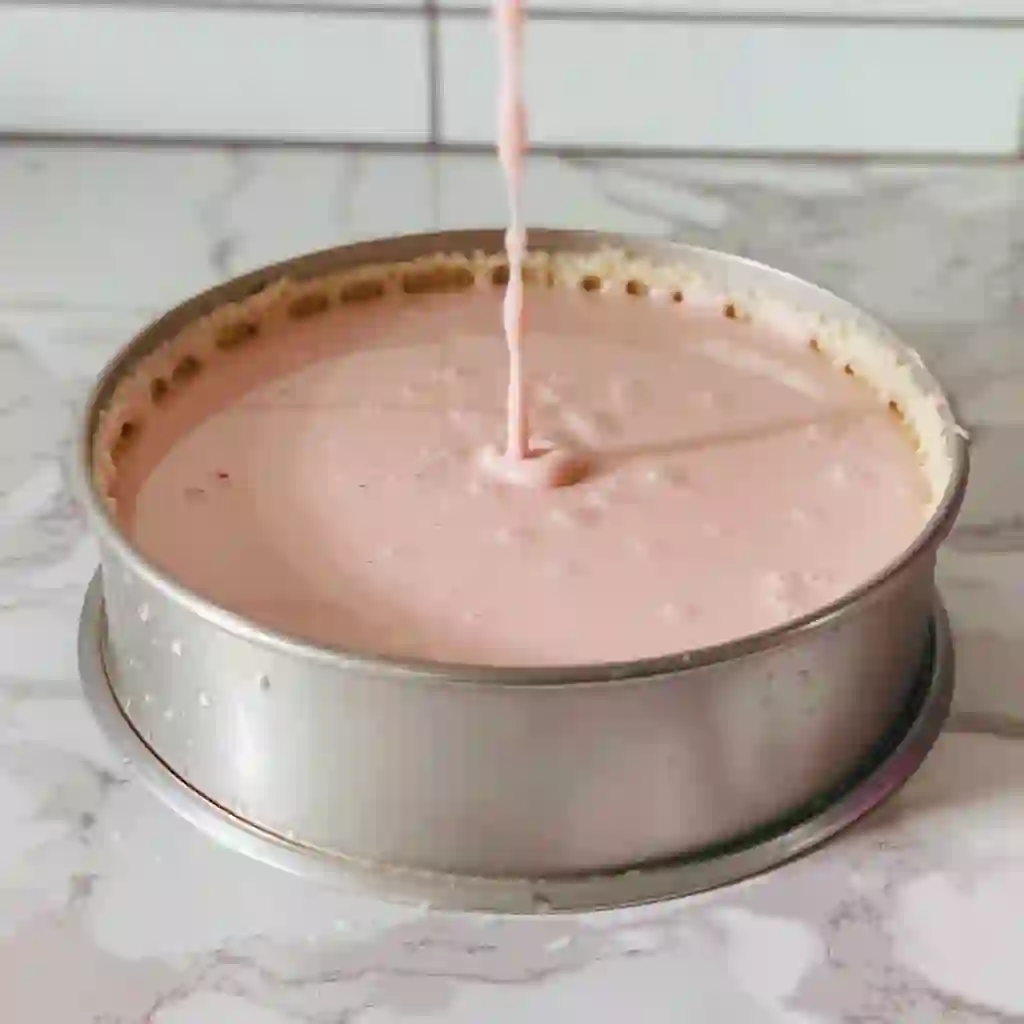 Pouring fluffy strawberry chiffon cake batter into an ungreased tube pan before baking at 350°F