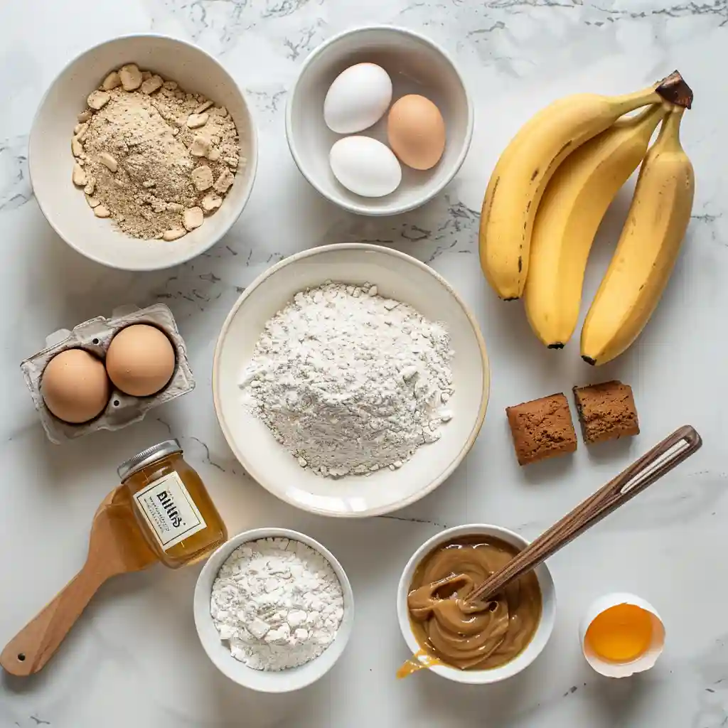 Flat-lay of ingredients for Biscoff banana bread—ripe bananas, biscoff spread jar, flour, eggs—on a white marble countertop.
