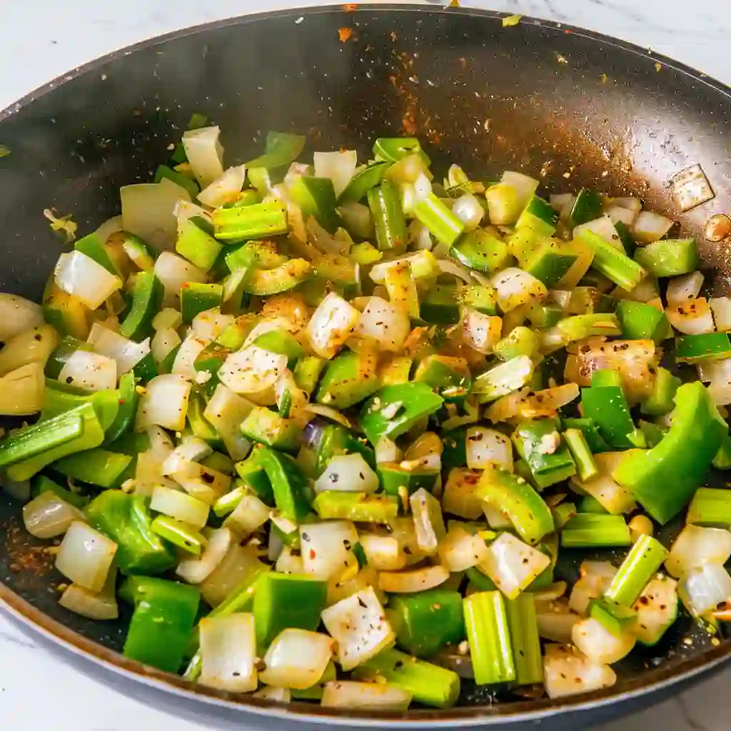 Chopped onion, bell pepper, celery, and garlic sautéing in a pan with Cajun seasoning, releasing fragrant steam.