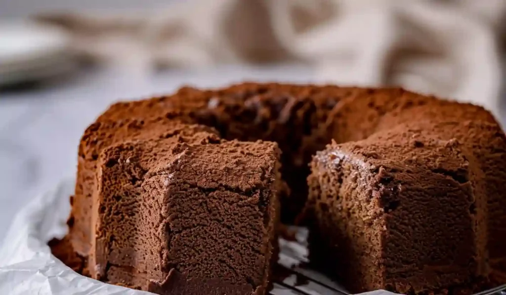 Close-up of a sliced chocolate chiffon cake on a white parchment paper
