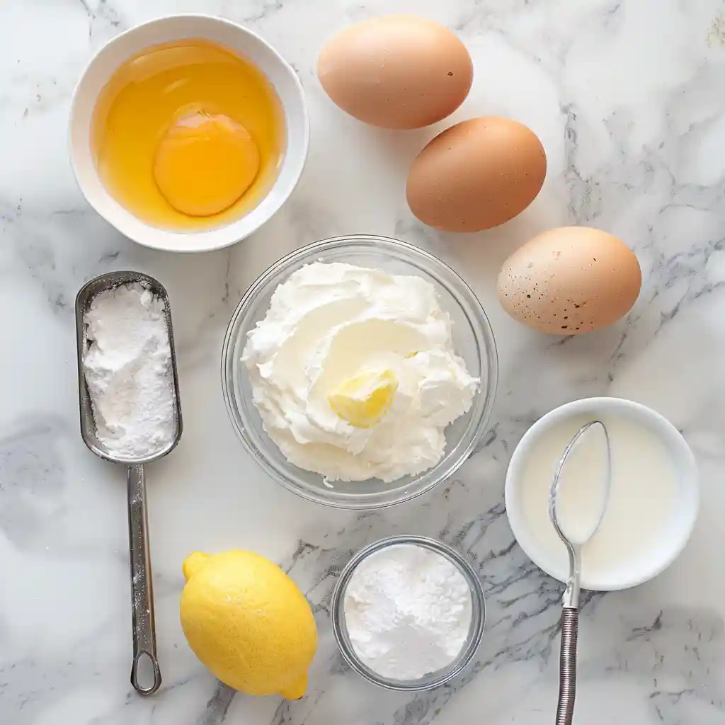 Cloud Cake Recipe: Soft, Simple, and Irresistibly Light 4 Ingredients for cloud cake laid out on a marble surface: eggs, condensed milk, Greek yogurt, lemon, and powdered sugar