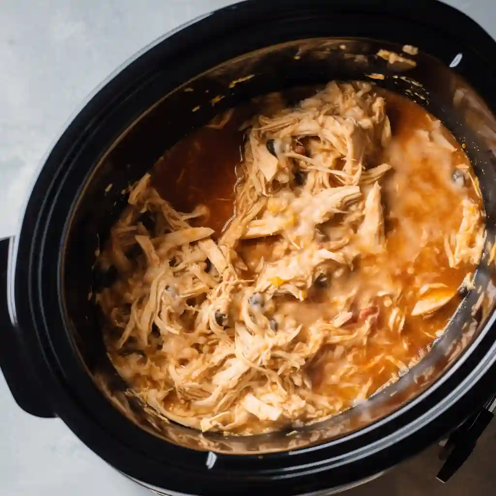 Close-up of layering tortillas and chicken mixture in a slow cooker for enchilada casserole