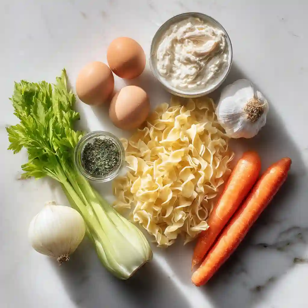 crockpot creamy chicken noodle soup 4 Overhead square composition of raw ingredients for creamy chicken noodle soup on white marble