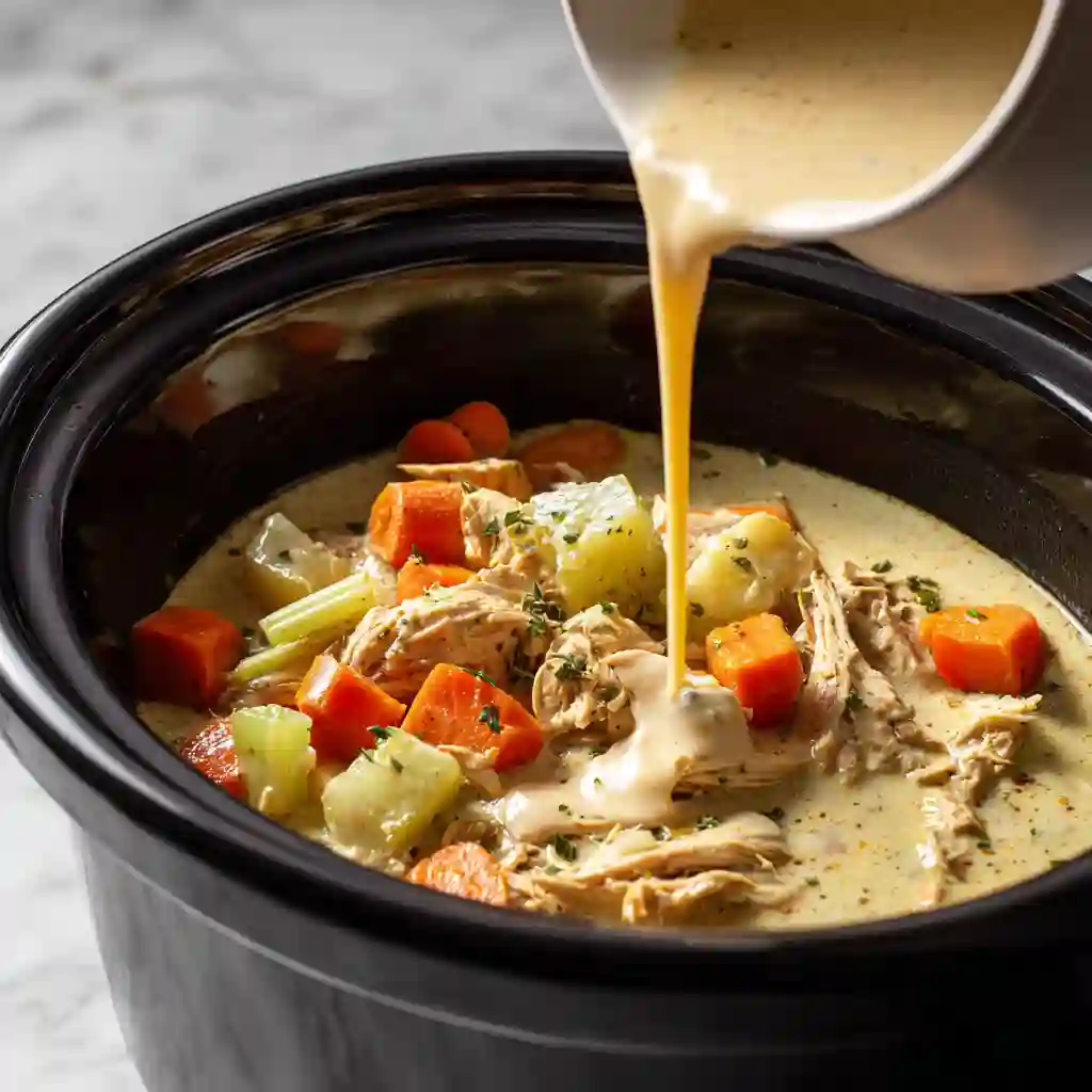 Creamy broth being poured into crockpot over chicken and vegetables in a close-up square frame