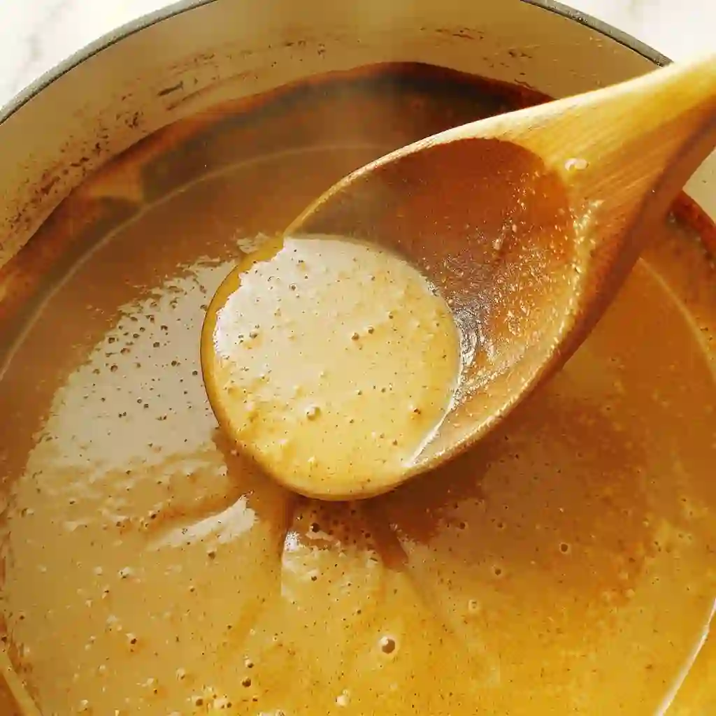 Copper-colored roux in a saucepan being stirred with a wooden spoon, showing the rich base for Cajun Crawfish Étouffée.