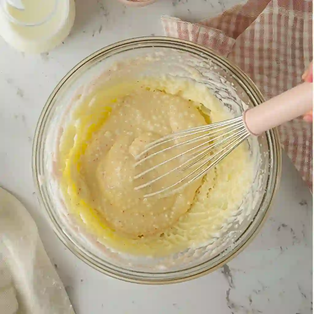 Whisking egg yolks, sugar, milk, oil, and strawberry puree in a glass bowl to make chiffon cake batter