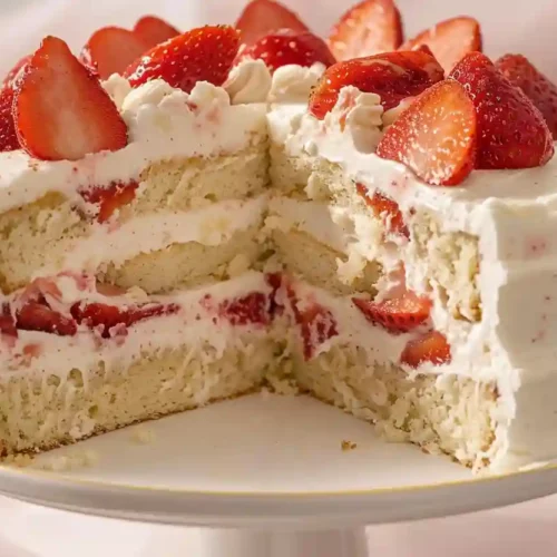 Homemade strawberry chiffon cake with whipped cream and fresh strawberries on top
