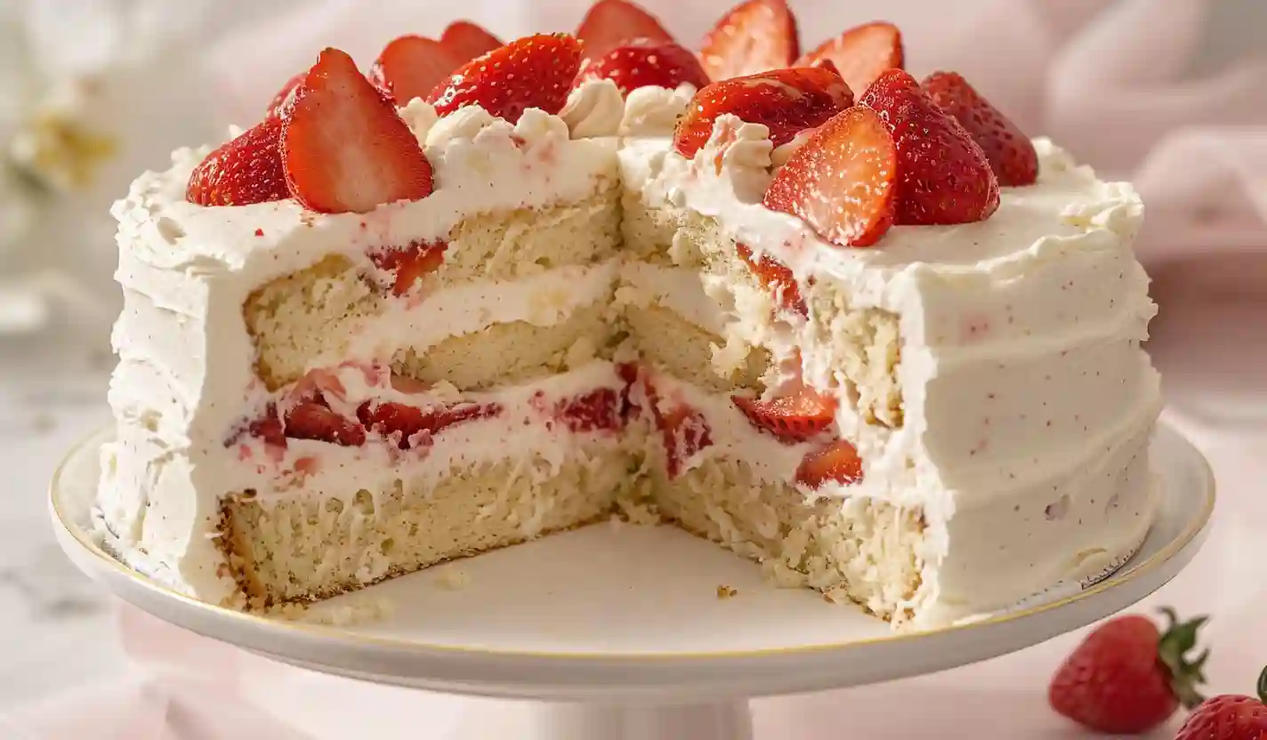 Homemade strawberry chiffon cake with whipped cream and fresh strawberries on top