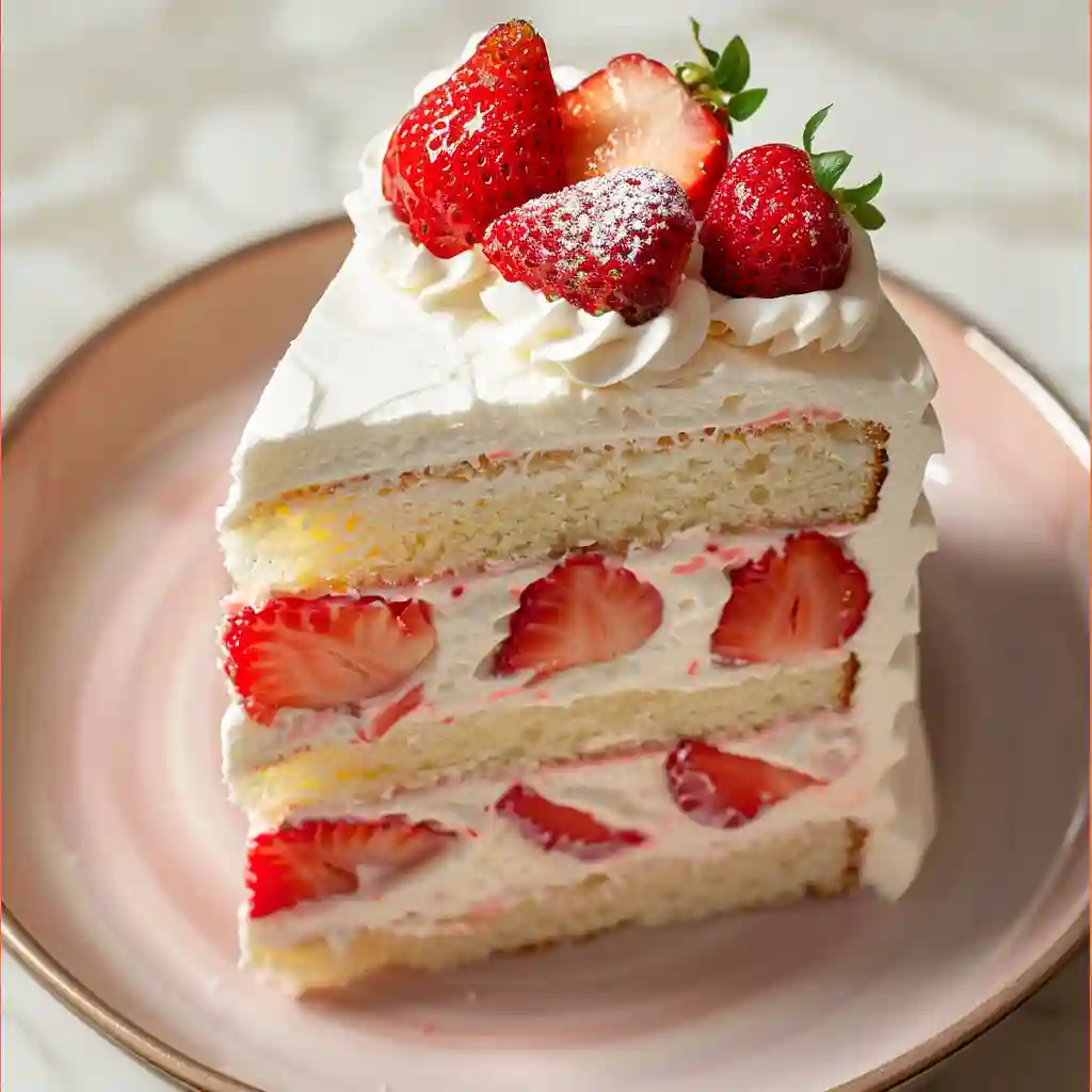 Slice of strawberry chiffon cake layered with whipped cream and fresh strawberries