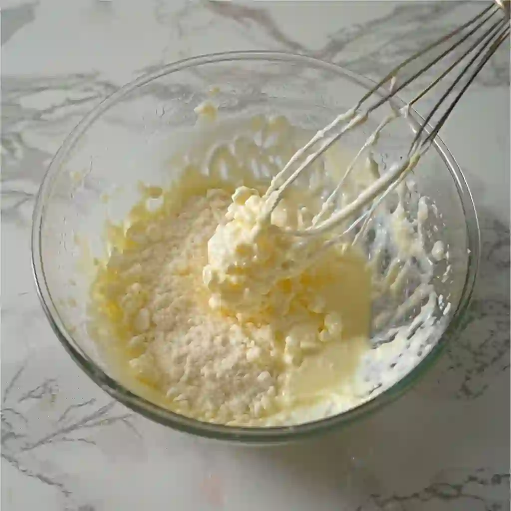 Beating egg whites with cream of tartar and sugar until stiff glossy peaks form in a glass mixing bowl