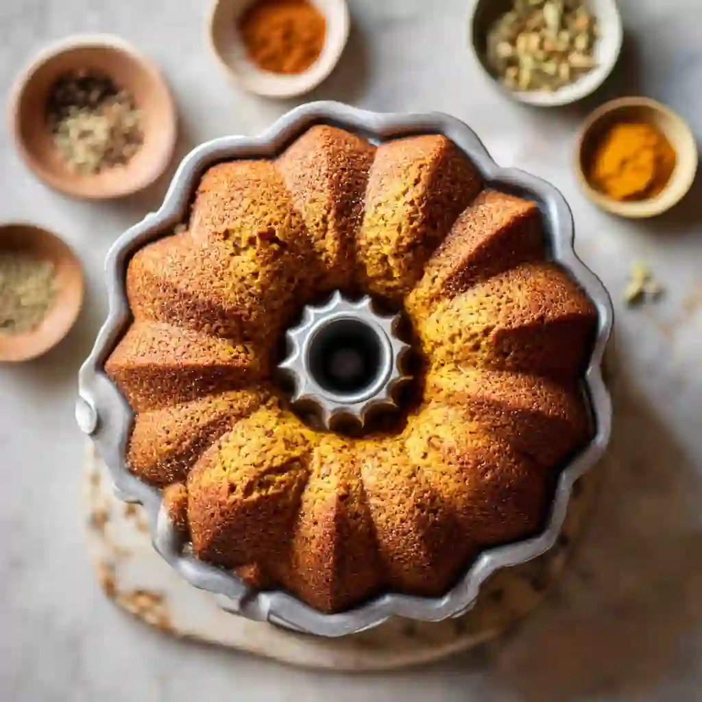 Pumpkin Spice Nothing Bundt Cake Copycat Recipe (Best Homemade Version) 7 Overhead view of a golden-brown pumpkin Bundt cake baked in a fluted pan.