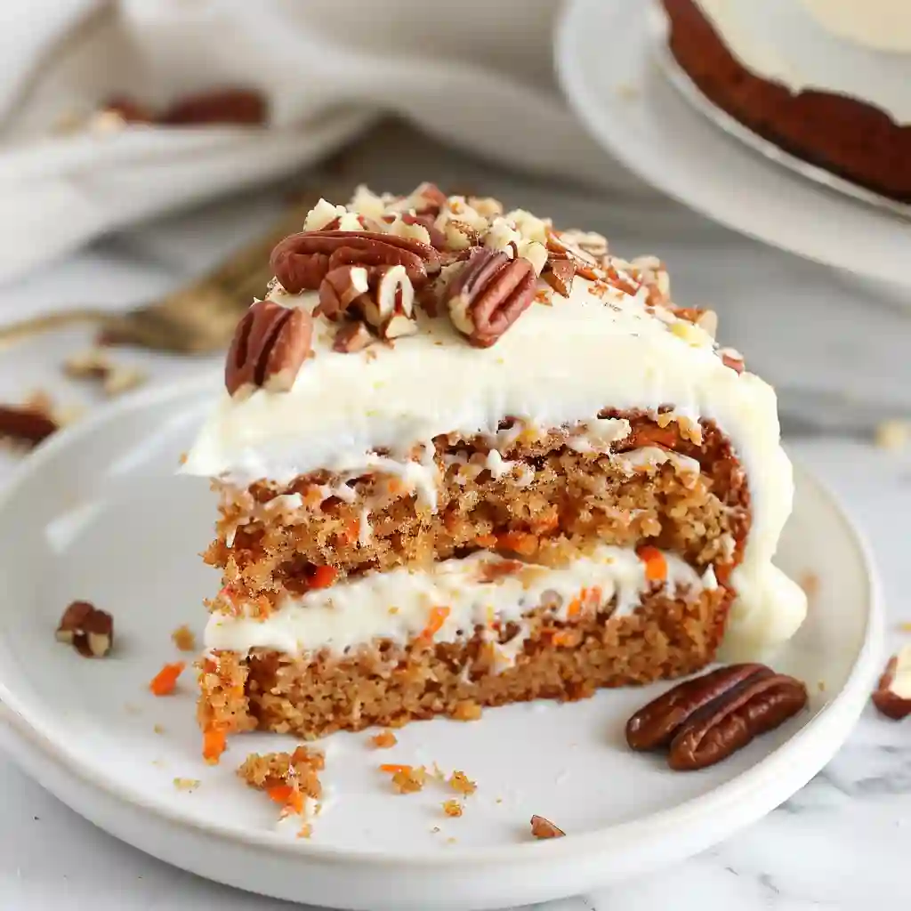 Slice of homemade carrot bundt cake with cream cheese frosting and pecans