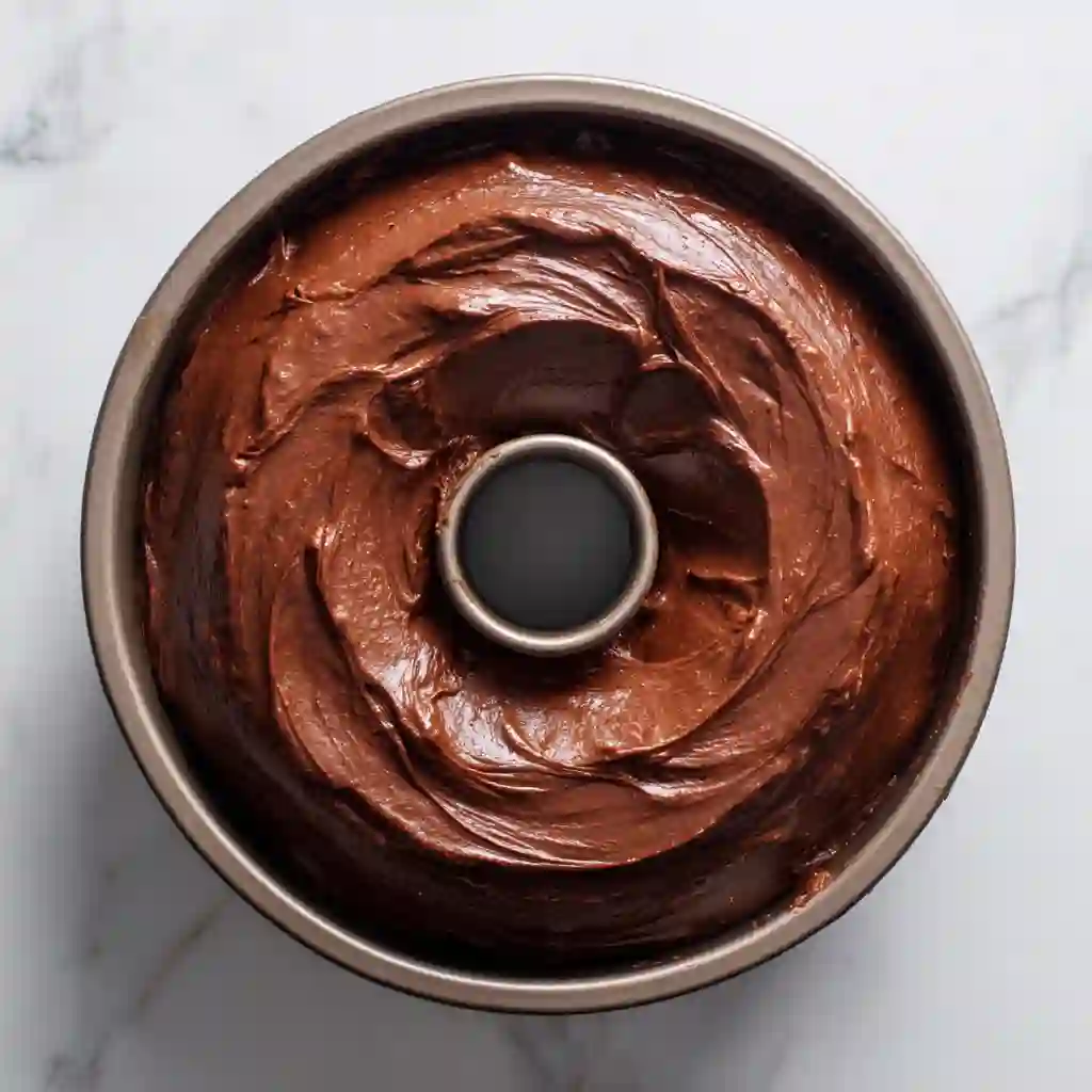 Overhead shot of chocolate cake batter evenly spread in a Bundt pan with center hole