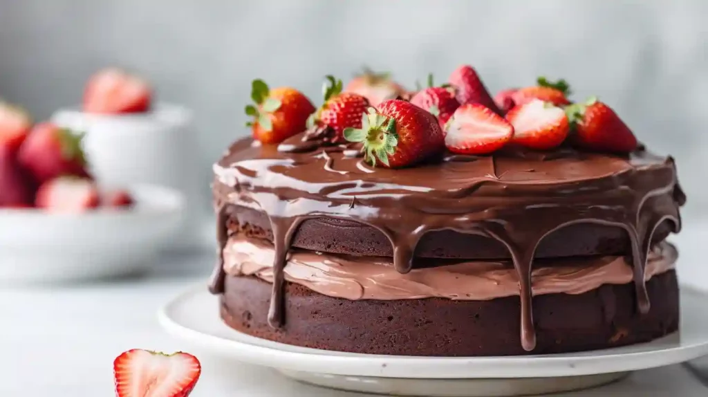 Homemade chocolate strawberry cake with layers of frosting and fresh strawberries