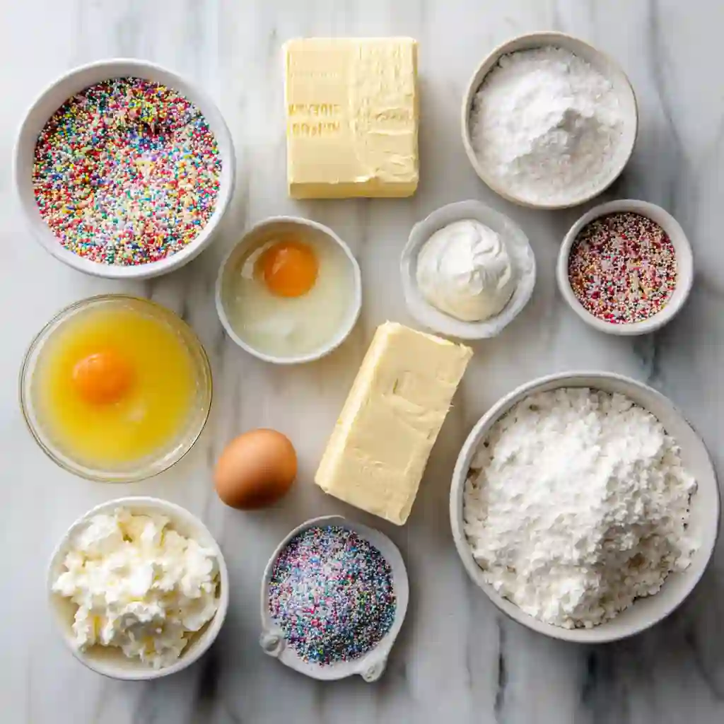 Nothing Bundt Cake Confetti Cake 4 Flat lay of raw ingredients for Funfetti Bundt cake including cake mix, pudding mix, sour cream, eggs, oil, milk, vanilla, sprinkles, cream cheese, butter, powdered sugar, and heavy cream