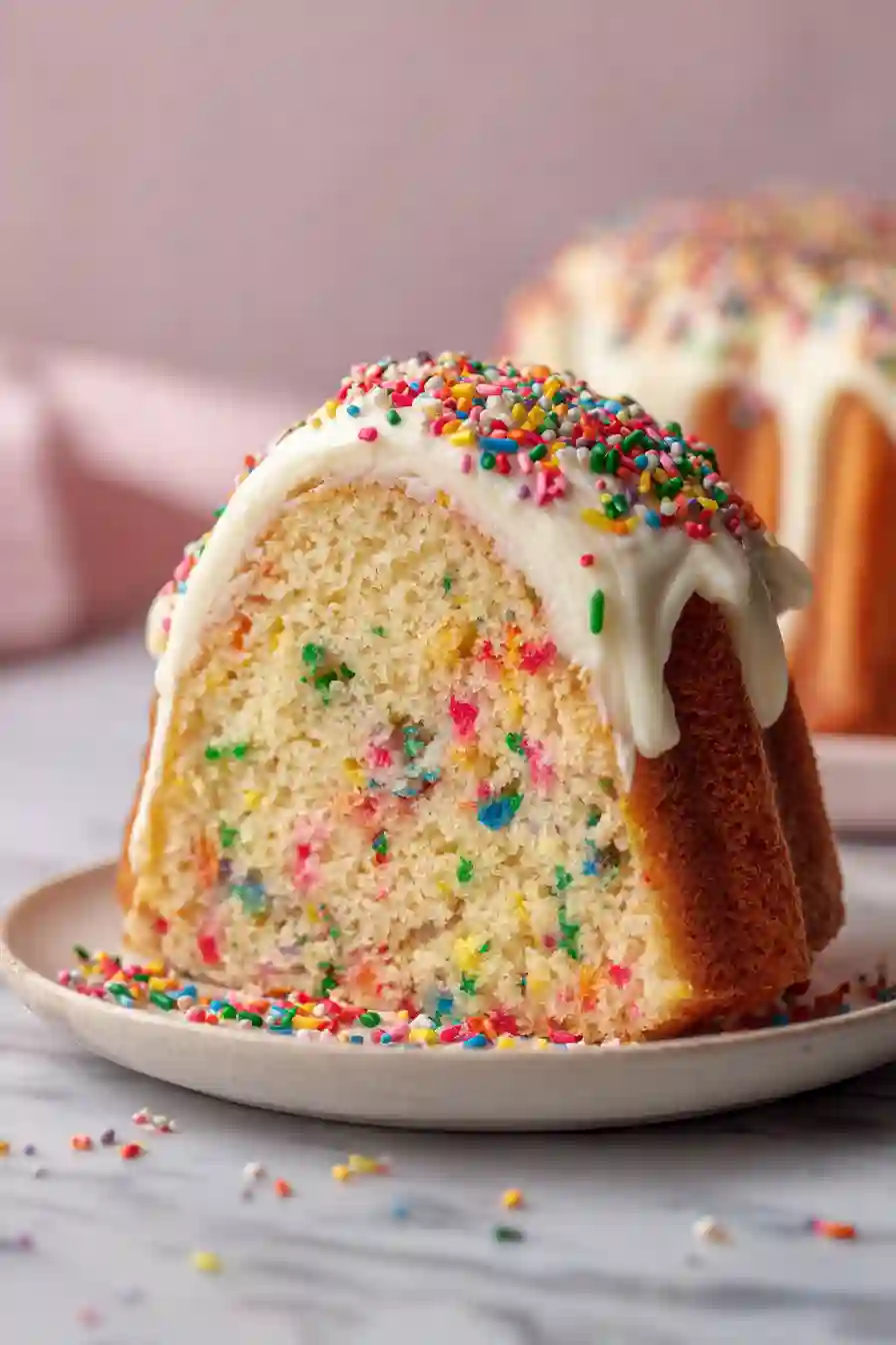 Nothing Bundt Cake Confetti Cake 3 Vertical close-up of a slice of Funfetti Bundt cake topped with cream cheese frosting and sprinkles