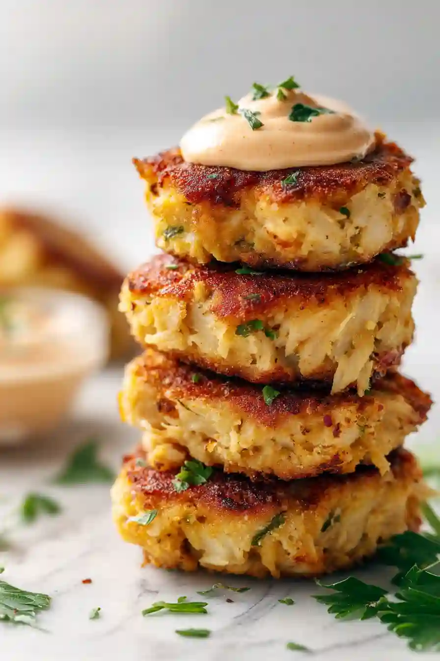 Vertical close-up of golden crab cakes topped with creamy spicy remoulade sauce on a colorful plate, set against a clean marble background.