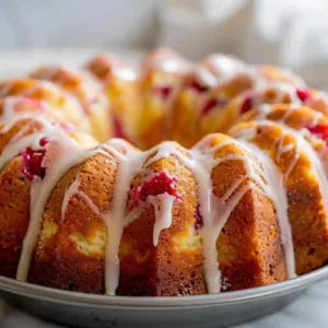 Freshly Baked White Chocolate Raspberry Bundt Cake Golden white chocolate raspberry bundt cake just baked in a bundt pan, cooling on a white surface