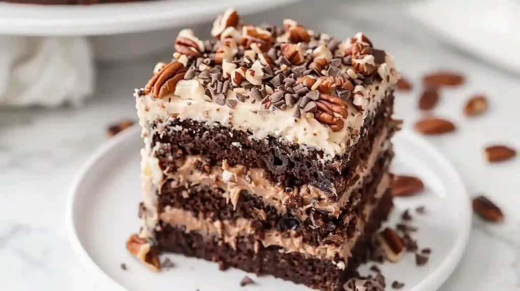 Close-up of a rich German Chocolate Poke Cake topped with coconut pecan frosting and chocolate sprinkles