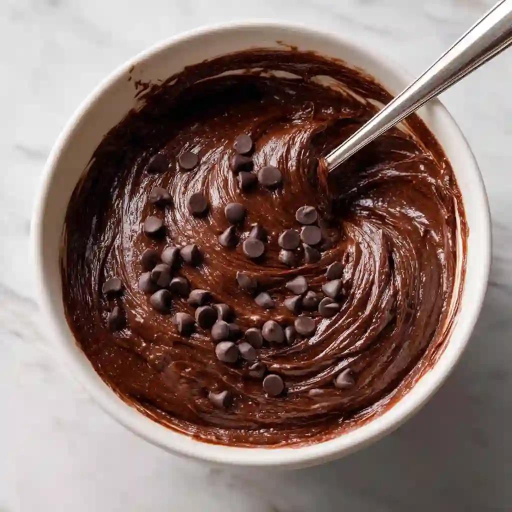 Close-up of chocolate cake batter being mixed in a bowl with chocolate chips visible