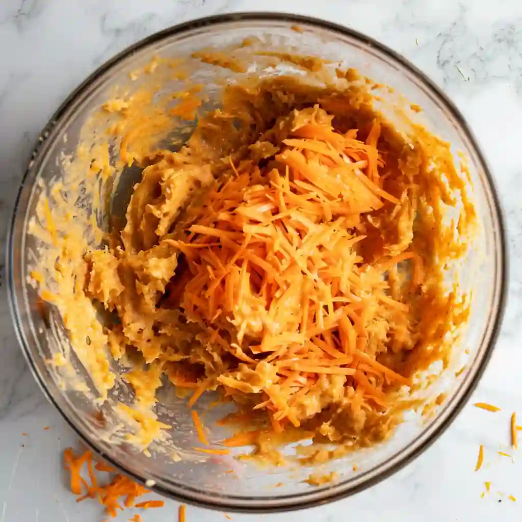 Mixing bowl with carrot bundt cake batter and shredded carrots being folded in