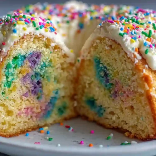 Slice of homemade Funfetti Bundt cake with cream cheese frosting and rainbow sprinkles on a plate