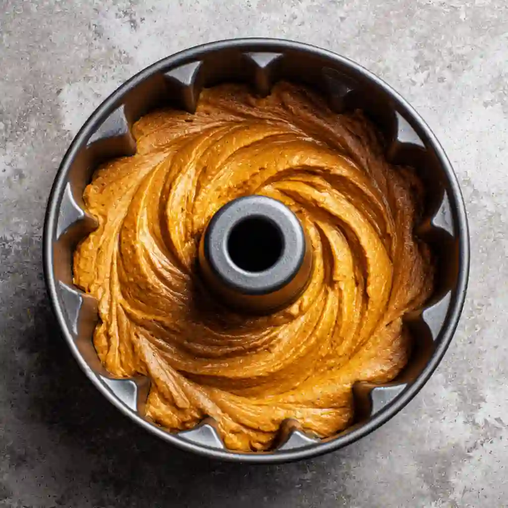 Pumpkin Spice Nothing Bundt Cake Copycat Recipe (Best Homemade Version) 6 Overhead view of pumpkin Bundt cake batter spread in a fluted Bundt pan.