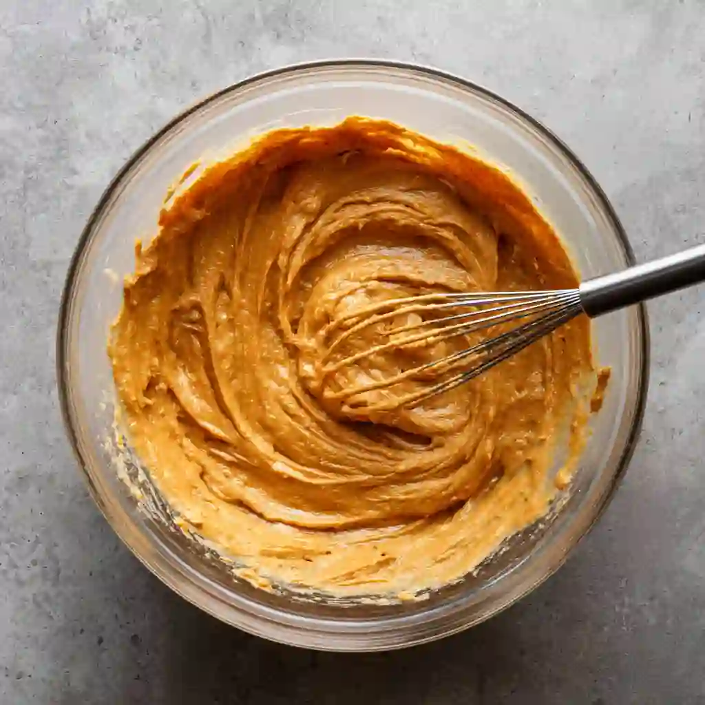 Pumpkin Spice Nothing Bundt Cake Copycat Recipe (Best Homemade Version) 5 Overhead view of pumpkin Bundt cake batter with a whisk in a glass bowl
