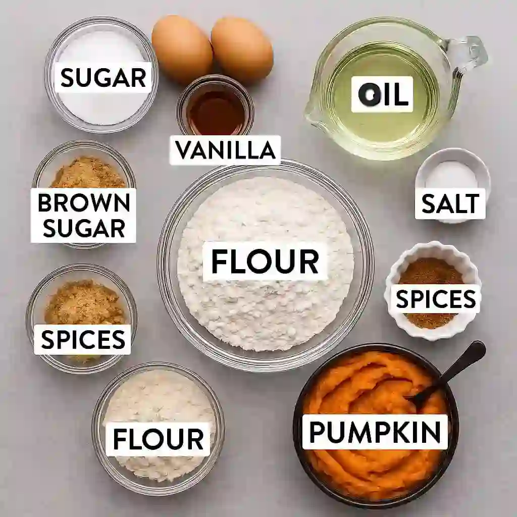 Pumpkin Spice Nothing Bundt Cake Copycat Recipe (Best Homemade Version) 4 Flat lay of pumpkin Bundt cake ingredients in bowls, arranged differently on a gray background.