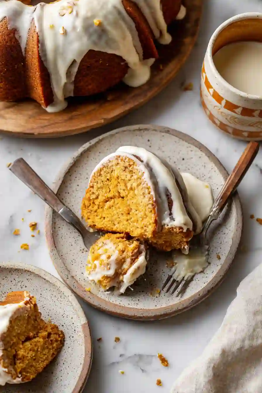 Pumpkin Spice Nothing Bundt Cake Copycat Recipe (Best Homemade Version) 3 Overhead view of pumpkin Bundt cake slice with cream cheese glaze on a plate.