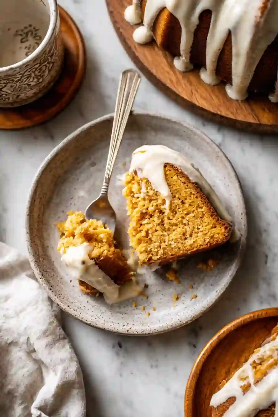 Pumpkin Spice Nothing Bundt Cake Copycat Recipe (Best Homemade Version) 8 Overhead shot of a pumpkin Bundt cake slice with cream cheese glaze on a ceramic plate.