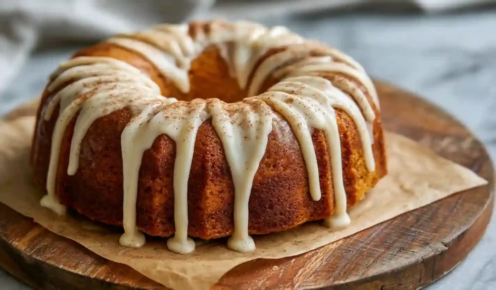 Overhead view of pumpkin Bundt cake with cream cheese glaze on a wooden board.