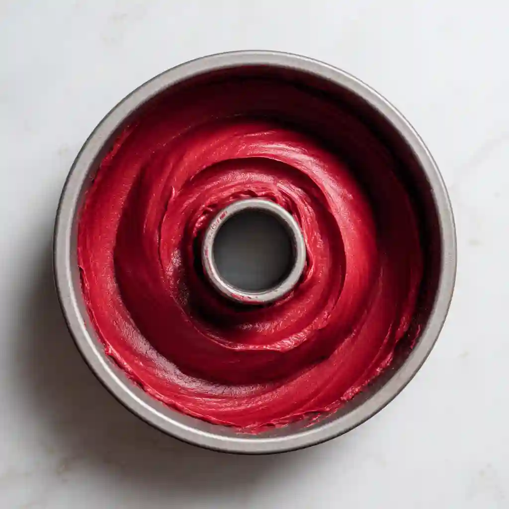 Close-up of thick red velvet cake batter evenly spread in a Bundt pan, ready to bake
