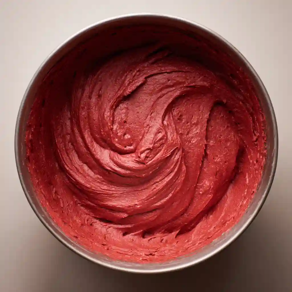 Close-up of red velvet cake batter being mixed in a bowl with chocolate chips folded in