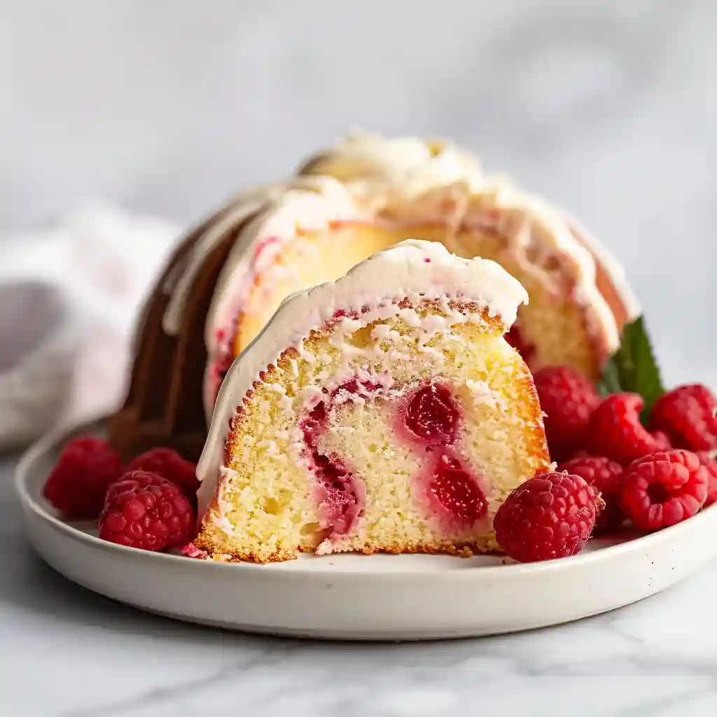White Chocolate Raspberry Nothing Bundt Cake Copycat (Best Homemade Recipe) 3 Close-up of a slice of white chocolate raspberry bundt cake with cream cheese frosting and fresh raspberries