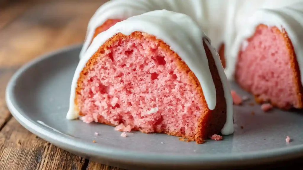 Slice of strawberry bundt cake with uniform pink crumb and thick cream cheese glaze on a gray plate