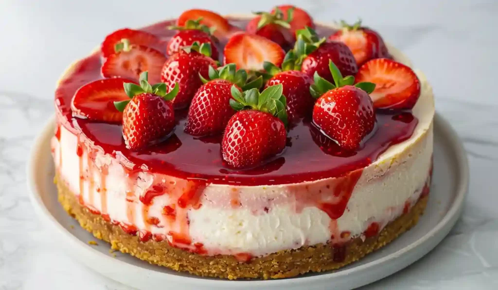 Close-up of strawberry crunch cheesecake with fresh strawberry topping on white marble background