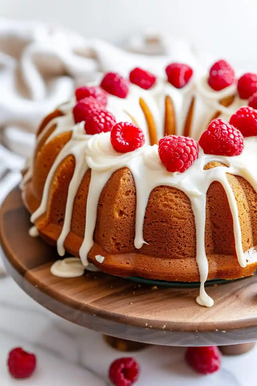 White Chocolate Raspberry Nothing Bundt Cake Copycat (Best Homemade Recipe) 2 Vertical image of white chocolate raspberry bundt cake topped with cream cheese frosting stripes and fresh raspberries in the center