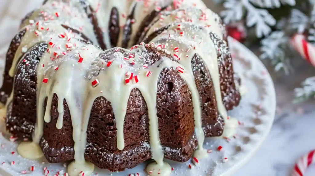 Chocolate Peppermint Bundt Cake with cream cheese frosting and crushed candy canes on top