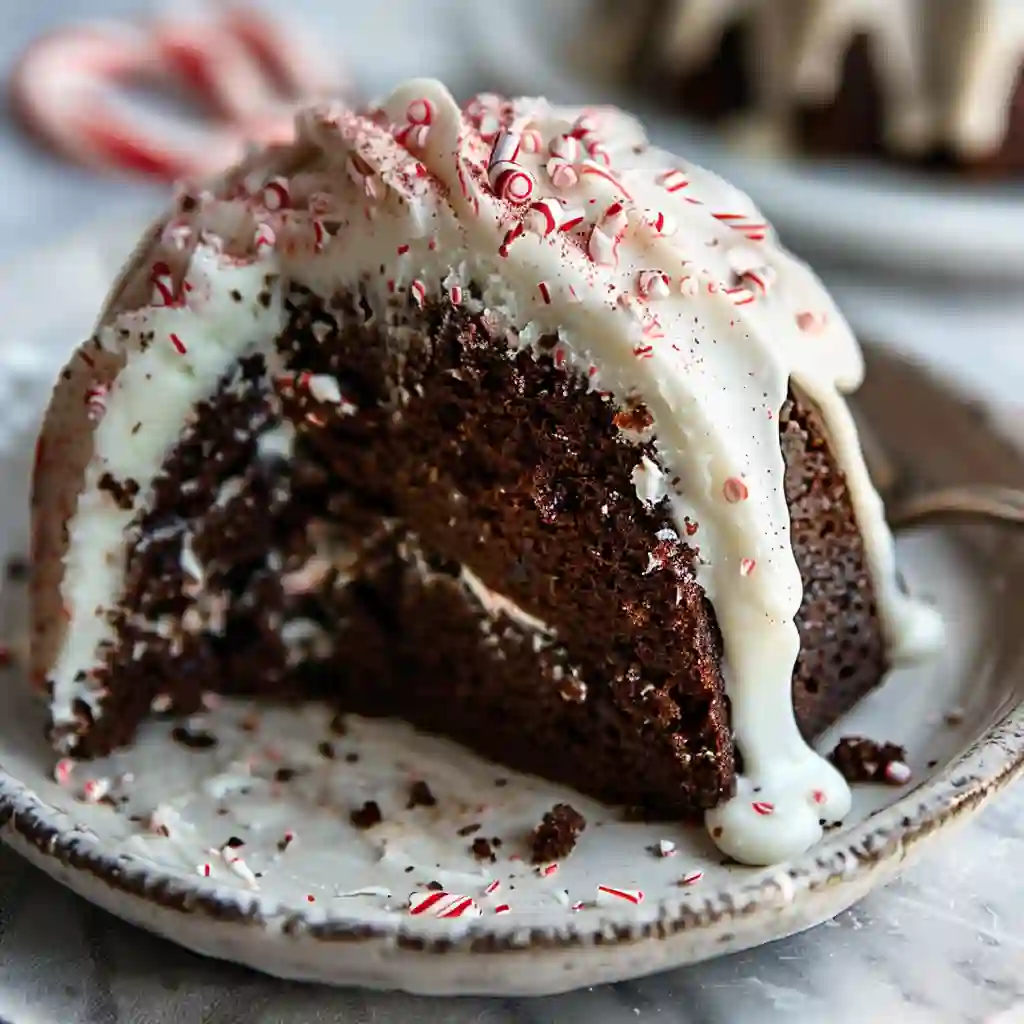 Chocolate Peppermint Bundt Cake 3 A slice of chocolate peppermint bundt cake with frosting and candy cane topping