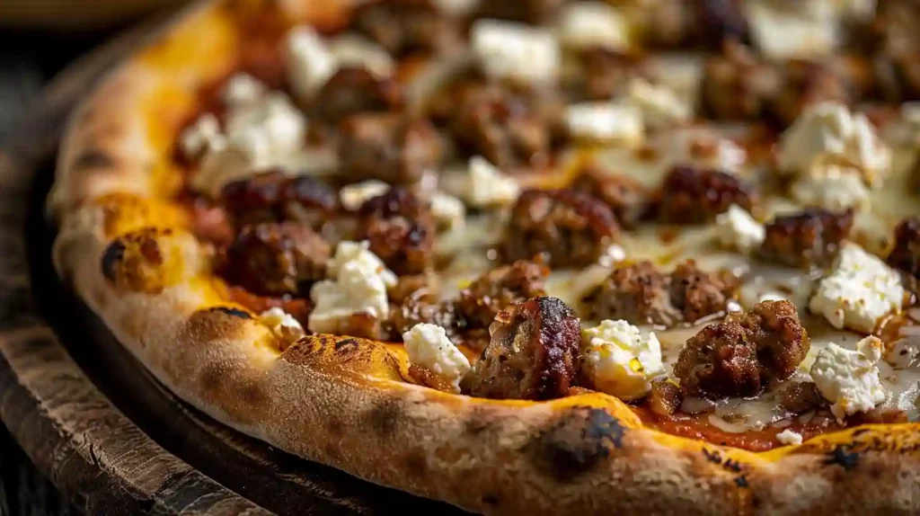 Close-up of a homemade hot sausage feta honey pizza with golden crust, melted mozzarella, and crumbled feta.