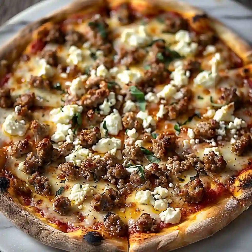 Square image of a hot sausage feta honey pizza with golden crust, melted mozzarella, spicy sausage, and crumbled feta.