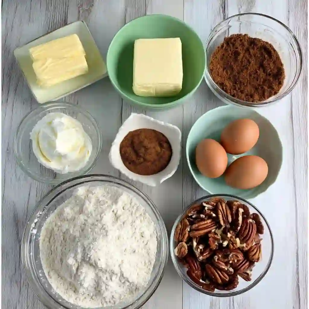 Irresistible Praline Pecan Bundt Cake 3 Flat lay of raw ingredients for Praline Pecan Bundt Cake including flour, cream cheese, sour cream, butter, brown sugar, eggs, vanilla, and pecans