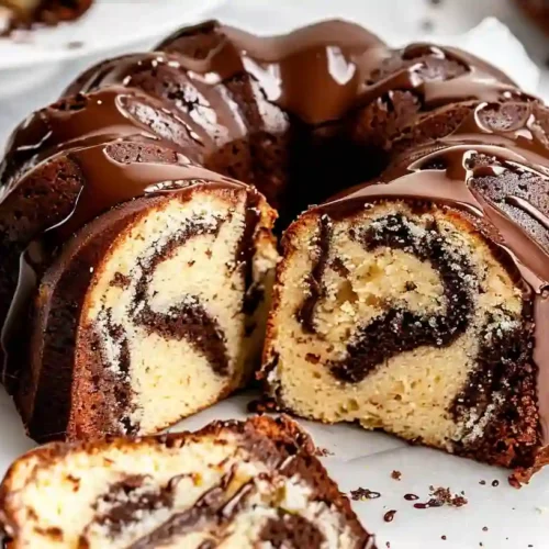 Homemade marble bundt cake with rich chocolate swirl and glaze