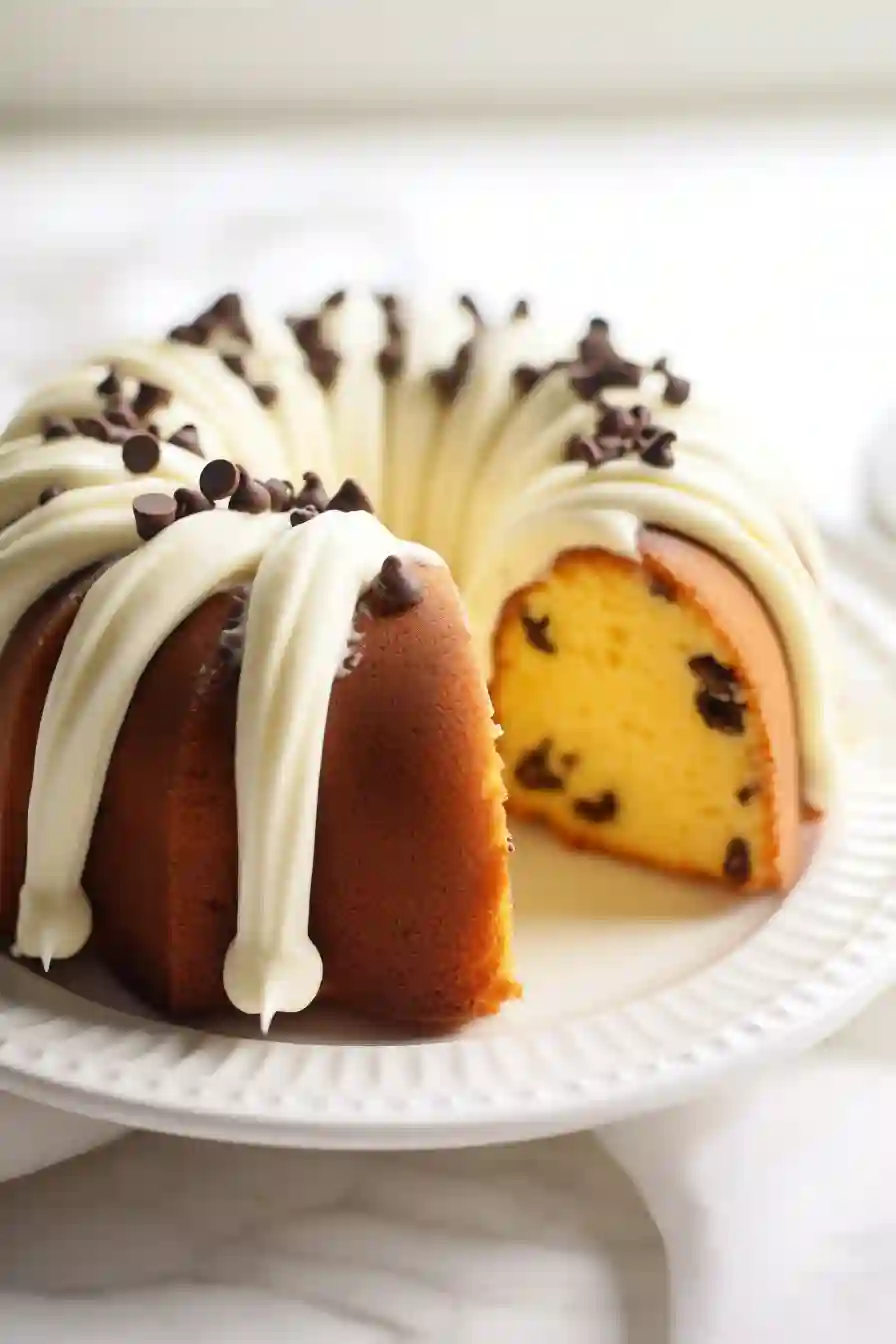 Nothing Bundt Cake Classic Vanilla (Copycat Recipe) 2 Homemade Nothing Bundt Cake Classic Vanilla with chocolate chips and cream cheese frosting, vertical photo