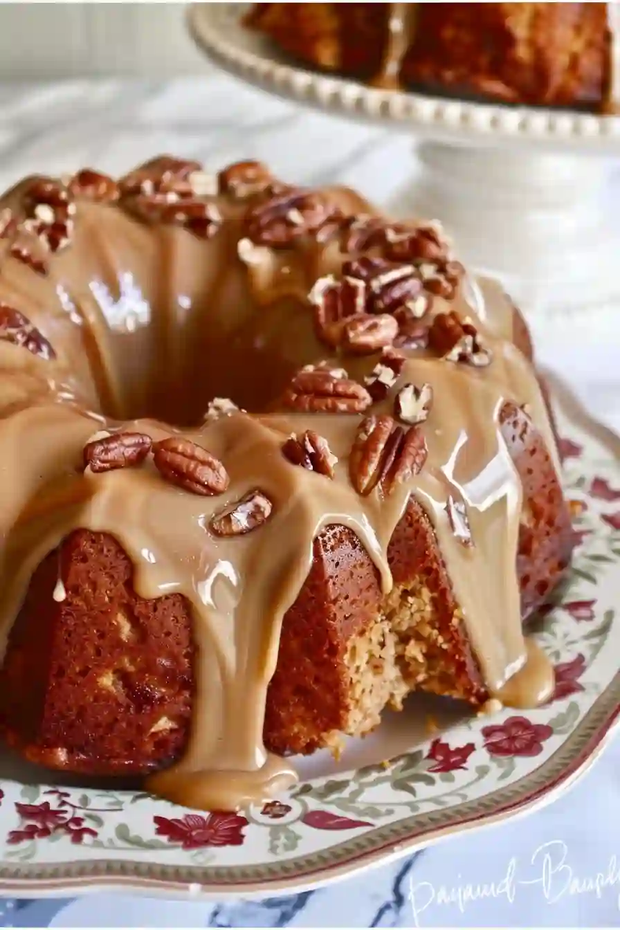 Irresistible Praline Pecan Bundt Cake 5 Vertical image of Praline Pecan Bundt Cake with caramel glaze dripping and sugared pecans on top