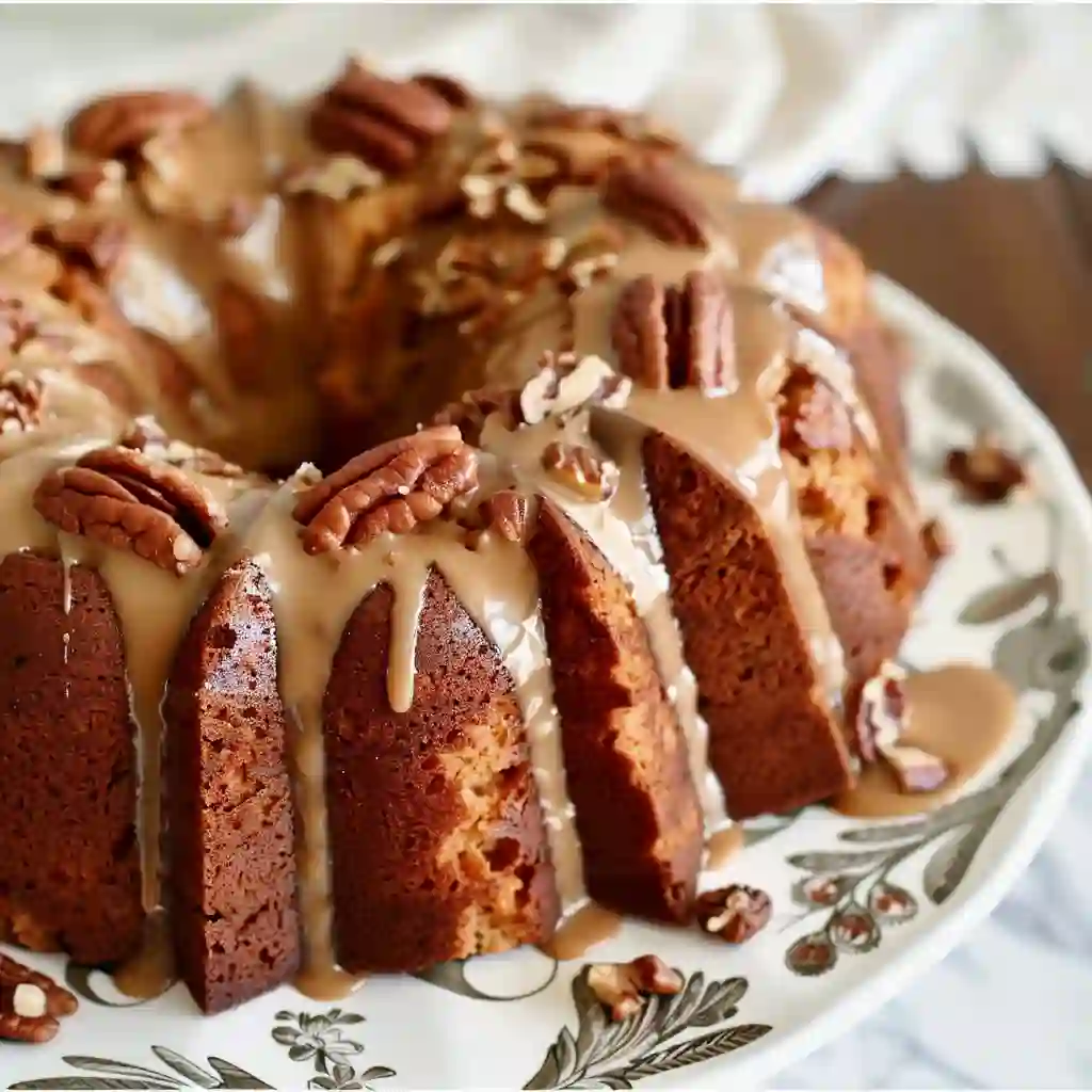 Irresistible Praline Pecan Bundt Cake 4 Square image of Praline Pecan Bundt Cake topped with praline sugared pecans and caramel glaze