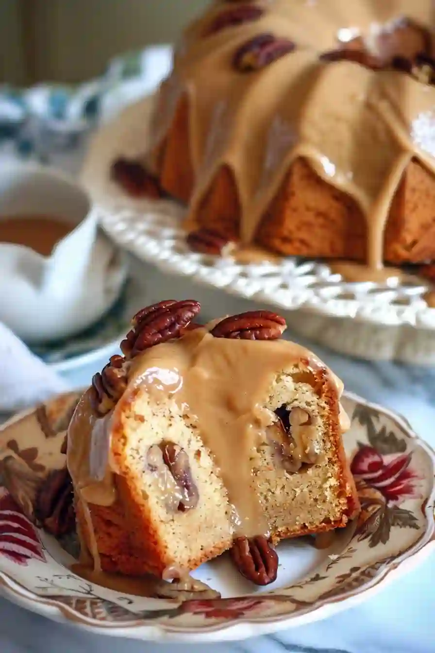 Irresistible Praline Pecan Bundt Cake 2 Vertical image showing a sliced piece of Praline Pecan Bundt Cake with caramel glaze and sugared pecans